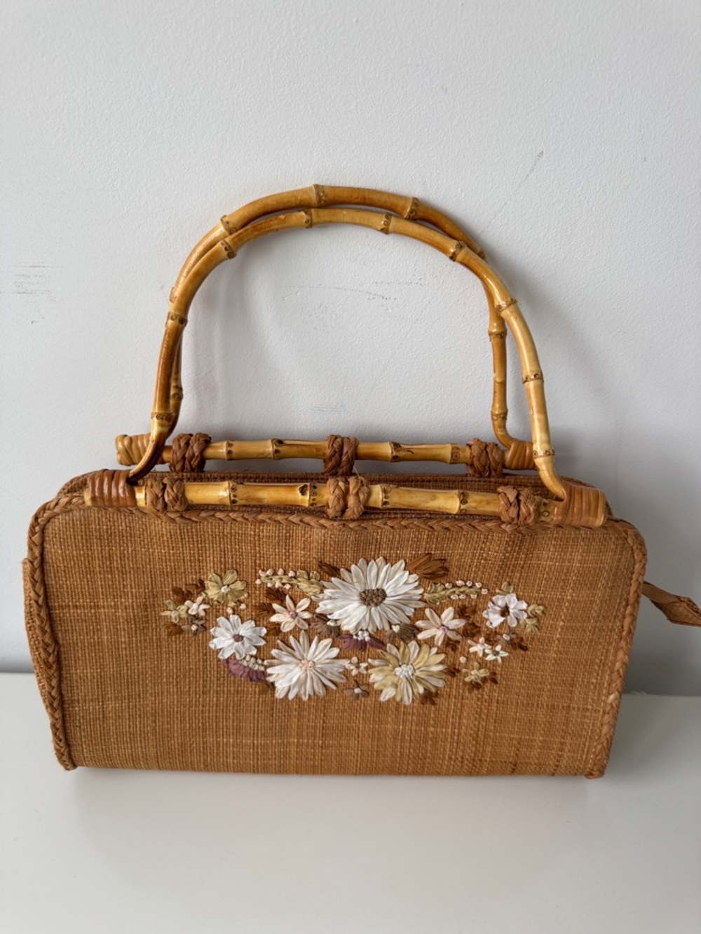 Cappelli Straworld Floral Embellished Woven Vintage Bamboo Bag